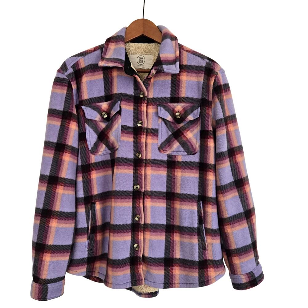 Cabincore/Gorpcore Purple & Black Plaid Plush‑Lined Shacket Size Medium